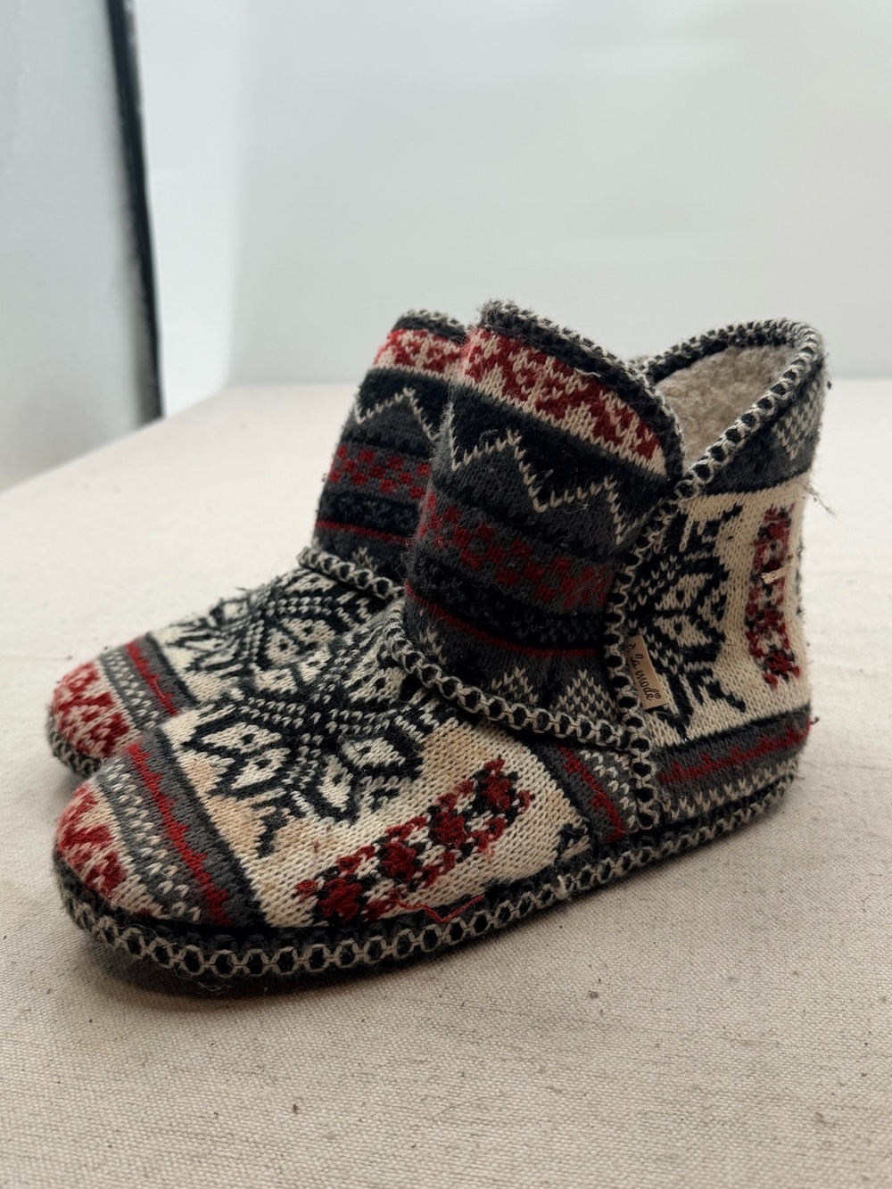 Muk Luks Nordic Pattern Wool Slipper Booties - Red, Black & Cream